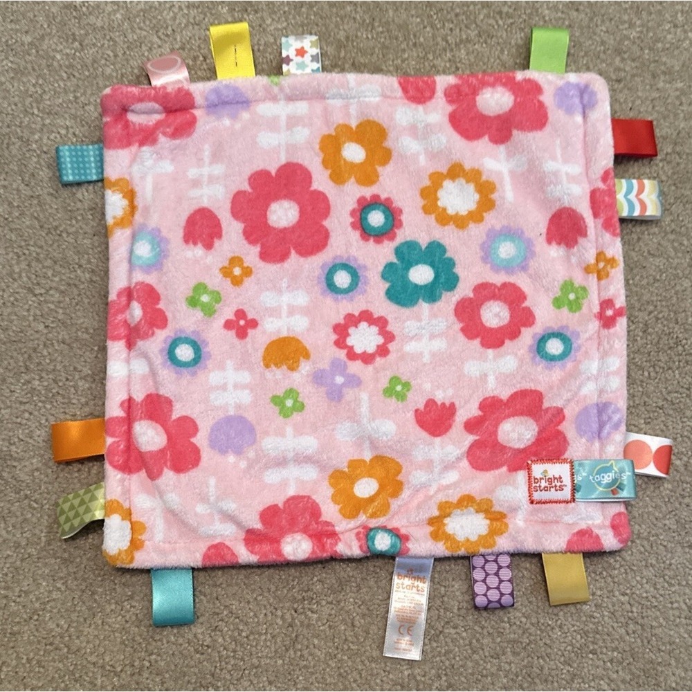 Bright Starts Tag Pink Flowers Baby Lovey Security Blanket Tags Teething 12"‎